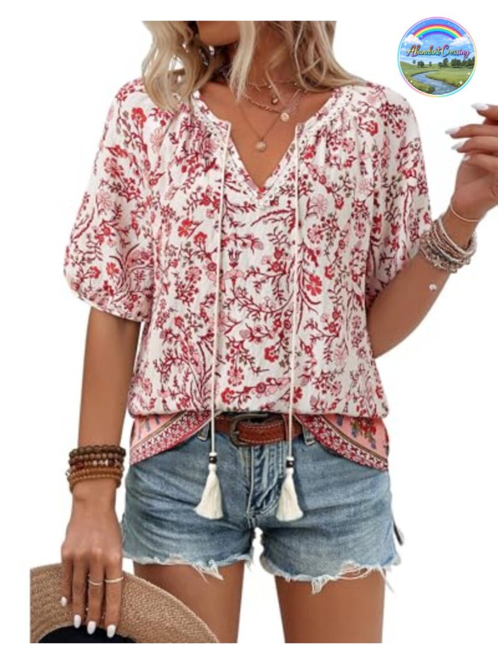 Boho Floral Peasant Blouse V-Neck Tie Front Short Sleeve